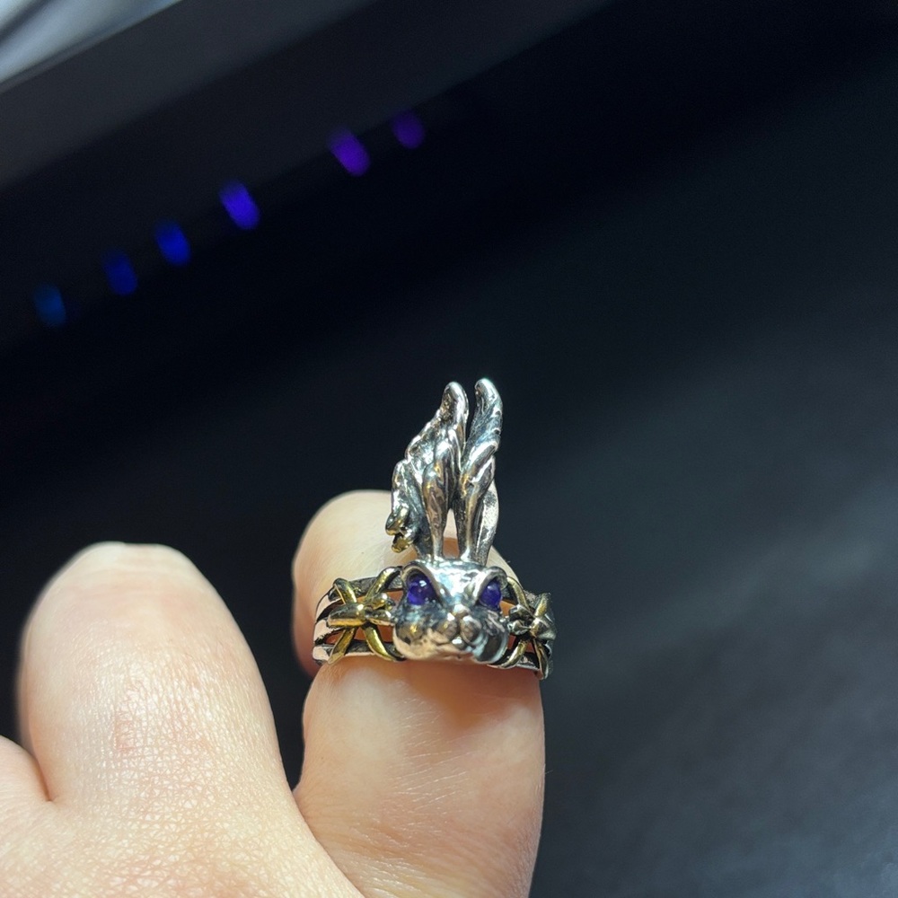 925 Silver and Goldtone Rabbit Ring with Blue Eyes - Picture 2 of 3